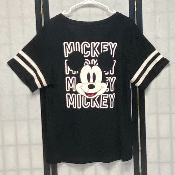 Short Stripe Sleeve V Neck Two Side Mickey Mouse Screen Print Tee Shirt Black 2X - Picture 2 of 13